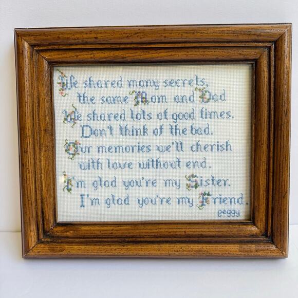Vintage Framed Cross Stitch Embroidery Sister Gift Family Farmhouse Country - Picture 1 of 10